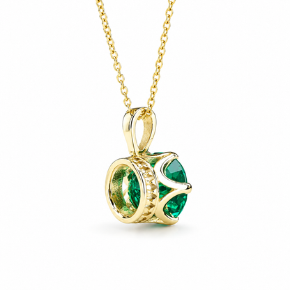 Round Emerald Solitaire Pendant, Crown Head Emerald Green Necklace For her , 14K Gold May Birthstone Pendant , Ladies Emerald Necklace #6065