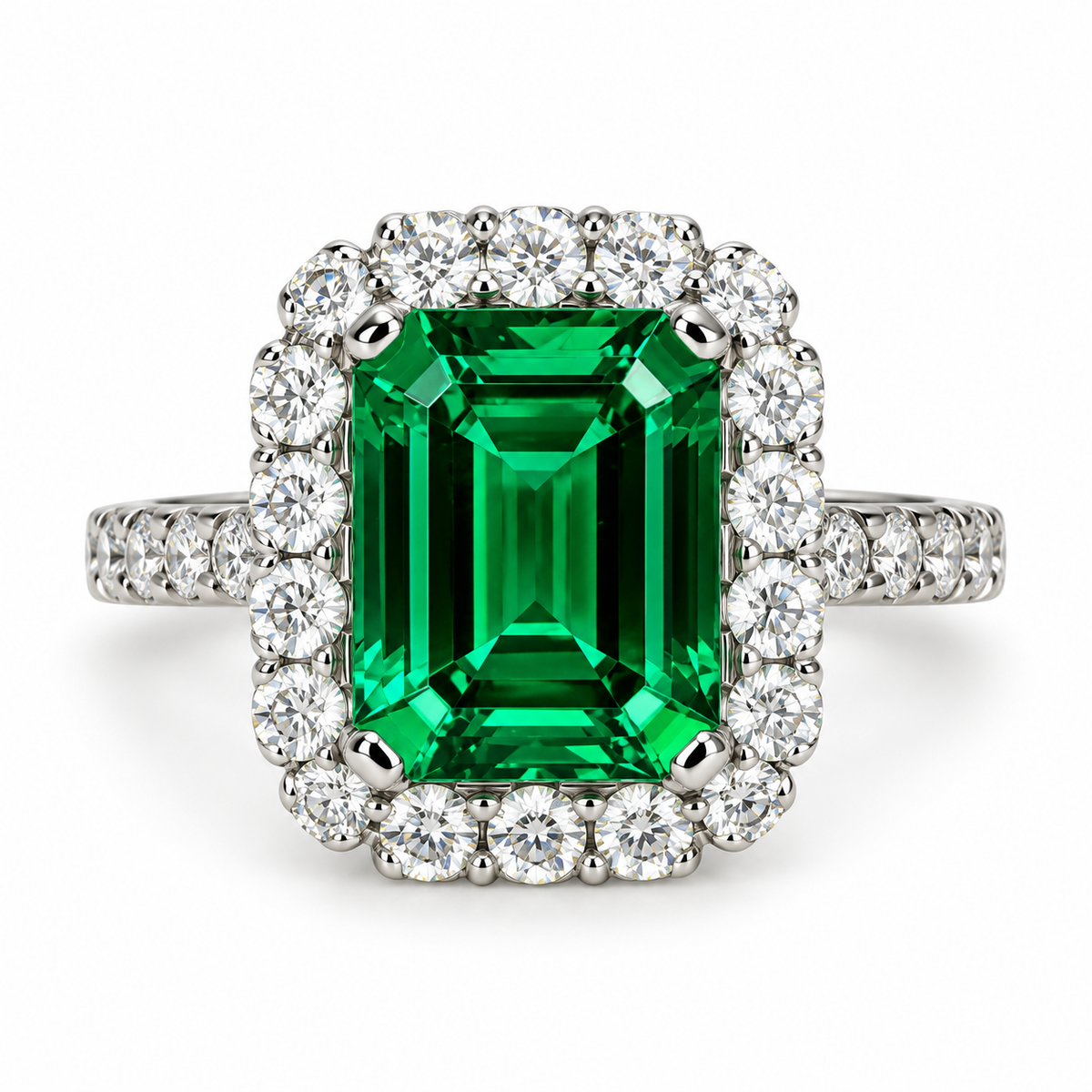Emerald cut emerald with moissanite halo engagement ring 14k solid gold, unique vintage green emerald ring, May birthstone ring ladies #6081