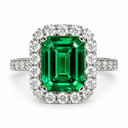 Emerald cut emerald with moissanite halo engagement ring 14k solid gold, unique vintage green emerald ring, May birthstone ring ladies #6081