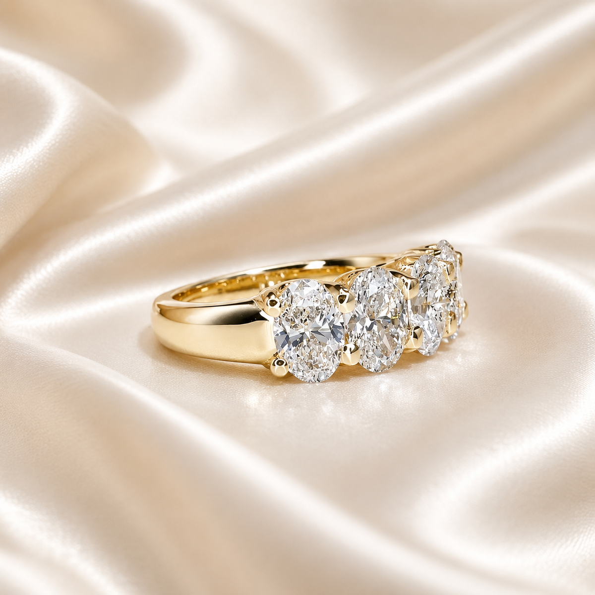 Lab grown diamond wedding band, Lab created diamond half eternity band 14k solid gold, 5 stone oval cut diamond ring, cvd diamond ring