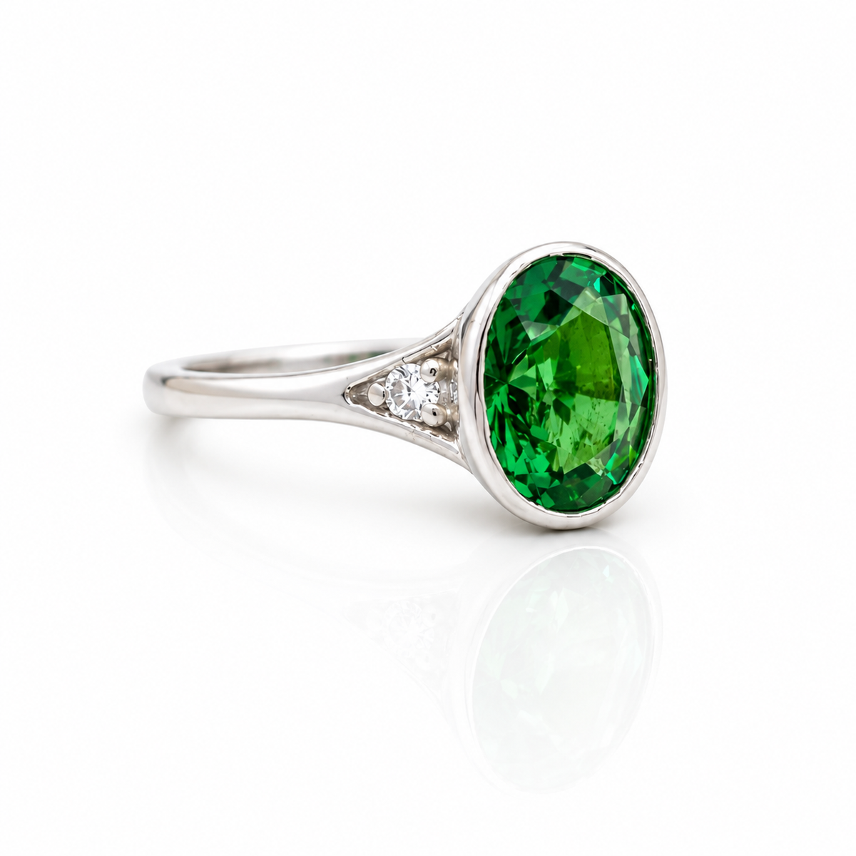 Emerald Ring, 14K Gold Emerald and Diamond Ring, Oval Cut Bezel Setting Emerald Ring, Modern Engagement Ring, May Birthstone Ring #8837