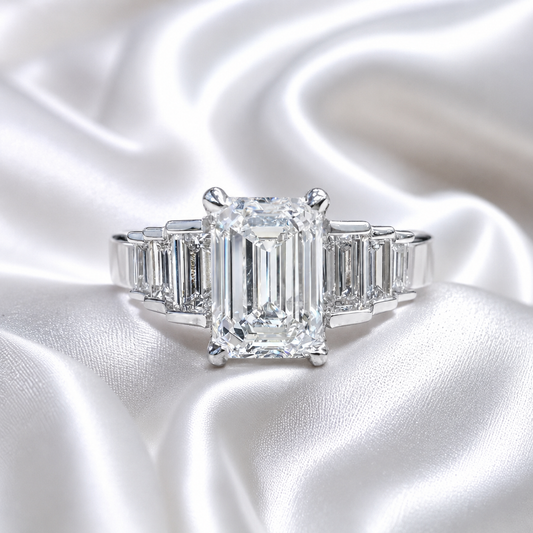 3.30 CTW 7 Stone Lab Diamond Emerald Cut Engagement Ring , Emerald Cut & Graduated Baguette Diamond Ring #8812