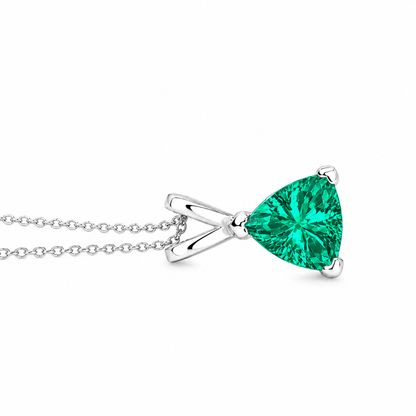 Emerald Trillion Shape Pendant Necklace For Ladies, 14k White Gold Dainty Layering Necklace, Triangle Shape May Birthstone Pendant.    #6074