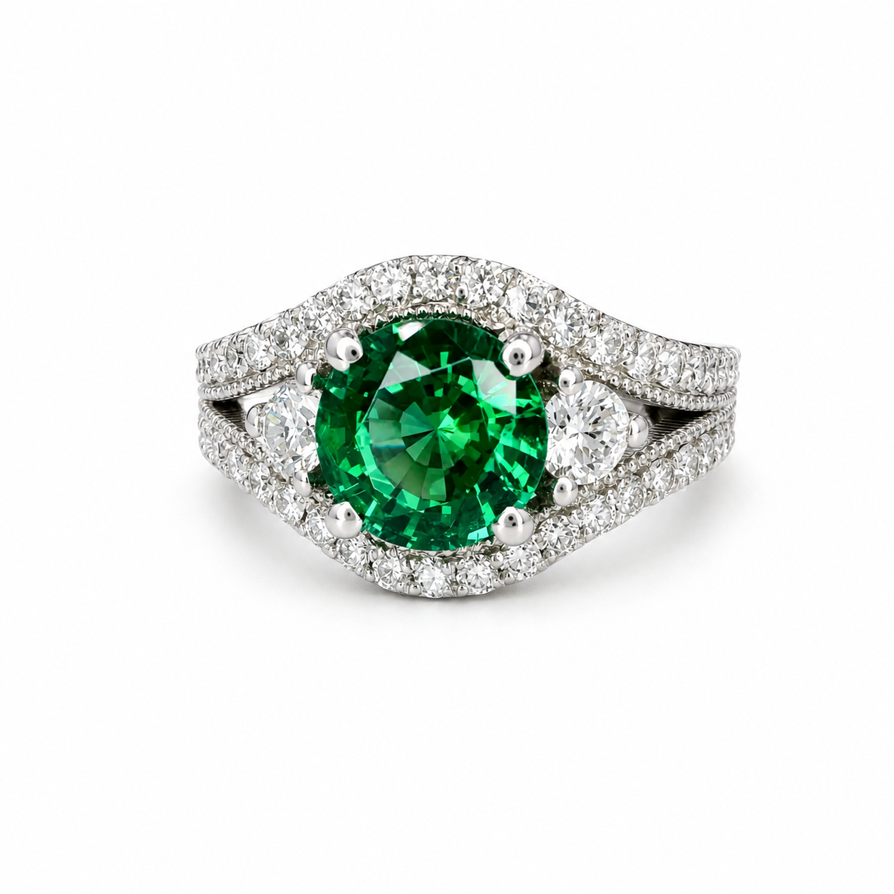Round Emerald Engagement Ring 14K Solid Gold , Three Stone Emerald and Lab Diamond Ring #8643