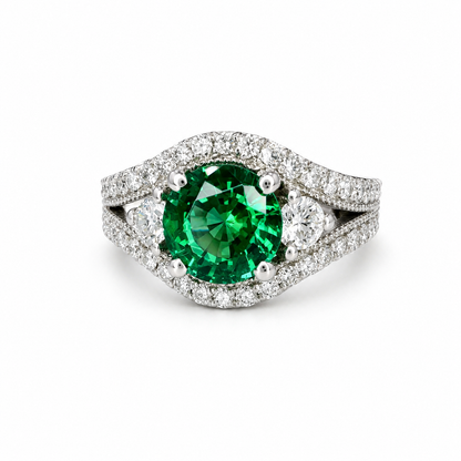 Round Emerald Engagement Ring 14K Solid Gold , Three Stone Emerald and Lab Diamond Ring #8643