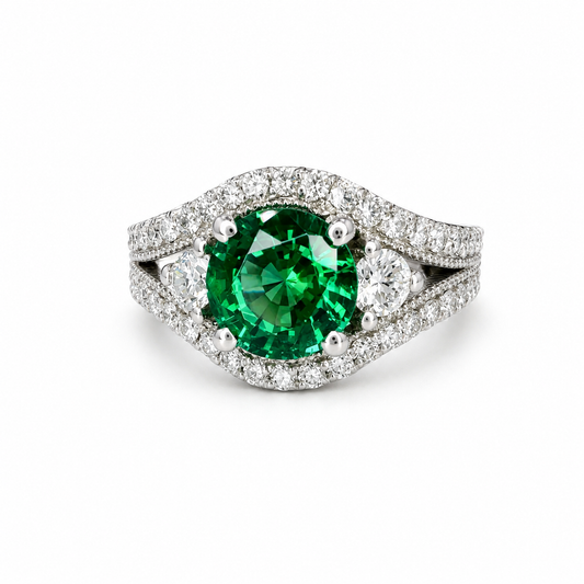 Round Emerald Engagement Ring 14K Solid Gold , Three Stone Emerald and Lab Diamond Ring #8643