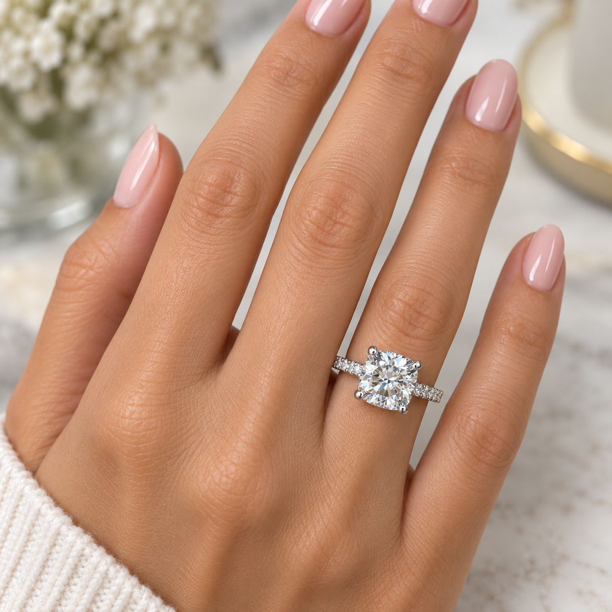 Moissanite Cushion Cut Engagement Ring 14K White Gold Cushion Solitaire Engagement Ring Forever One Simple Solitaire Engagement Ring #7275