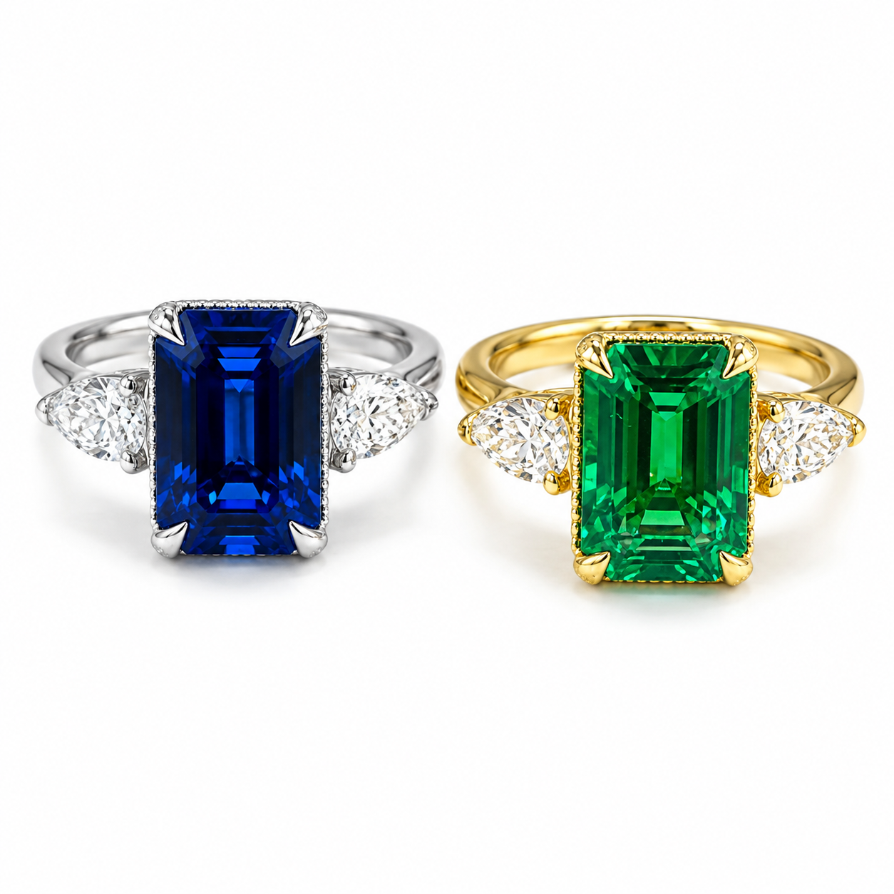 Emerald Cut Blue Sapphire Engagement Ring, Pear Lab Grown Diamonds, 14K Gold #8857