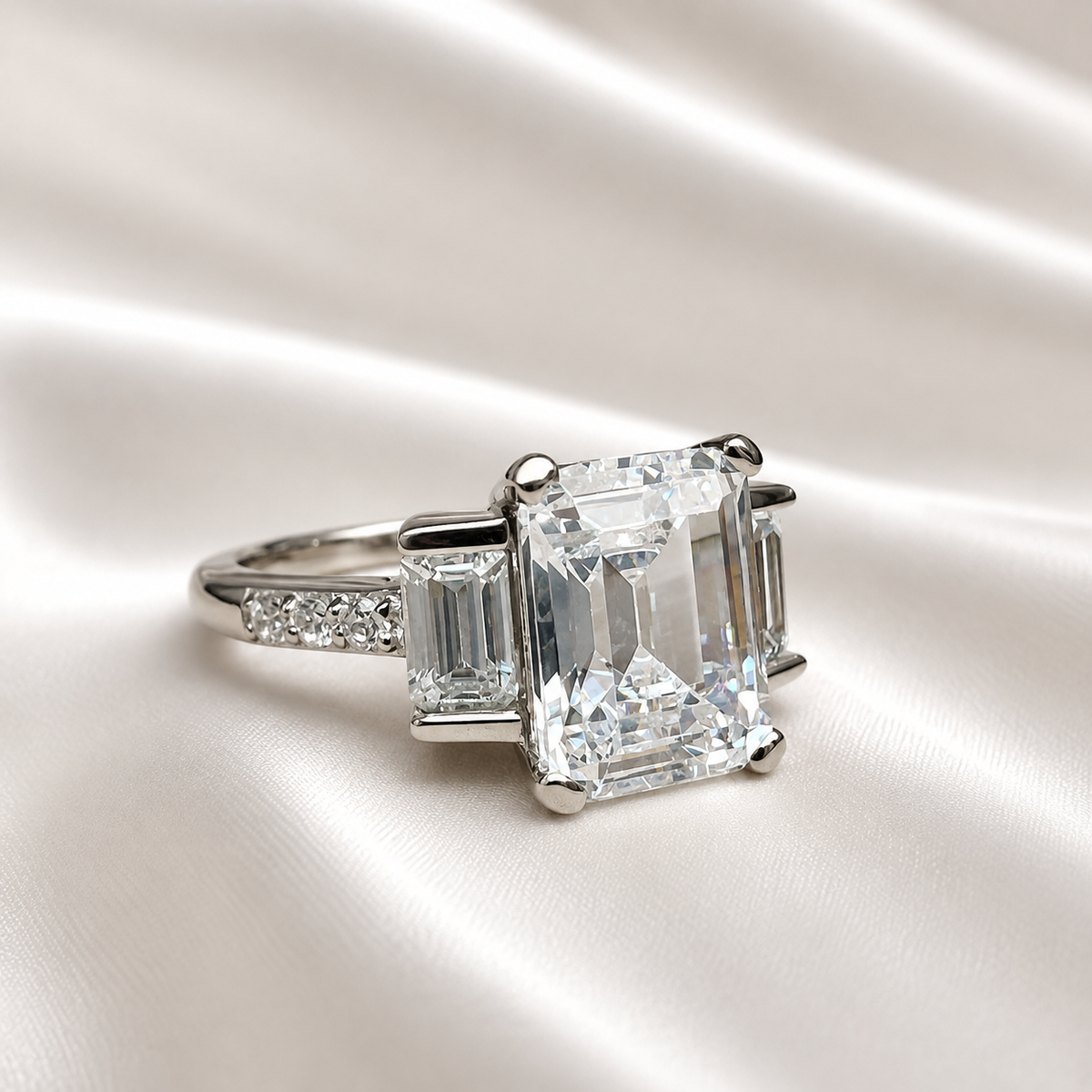Moissanite Emerald Cut Engagement Ring With Emerald Cut Sides And Round Accents, Three Stone Engagement Ring, 14K White Gold #4660 #6883