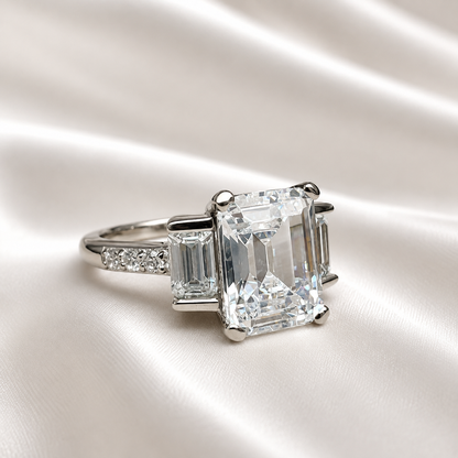 Moissanite Emerald Cut Engagement Ring With Emerald Cut Sides And Round Accents, Three Stone Engagement Ring, 14K White Gold #4660 #6883