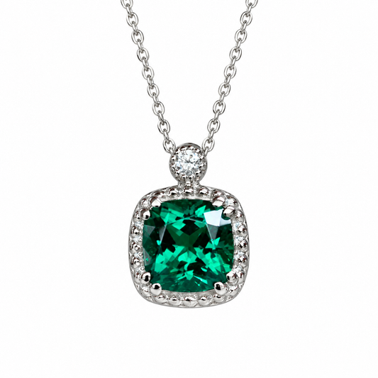 Cushion Cut Necklace / Green Emerald Necklace / Emerald And Diamond Necklace / 18"Cable Chain / 14k White gold / #6299