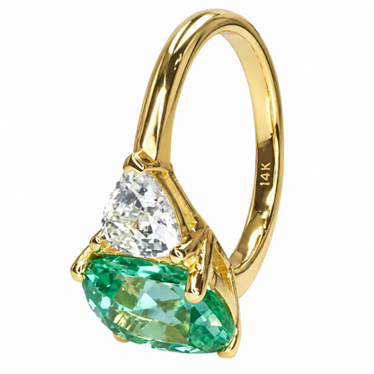 5.00 CT Paraiba Engagement Ring, Elongated Cushion Cut Green Paraiba And Trillion Moissanite Wedding Ring, 3 Stone Moissanite   #6846