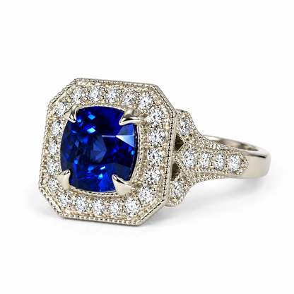 Cushion Cut Blue Sapphire Engagement Ring Women 14K White Gold, Vintage Unique Moissanite Engagement Rings, Edwardian Moissanite Ring  #7182
