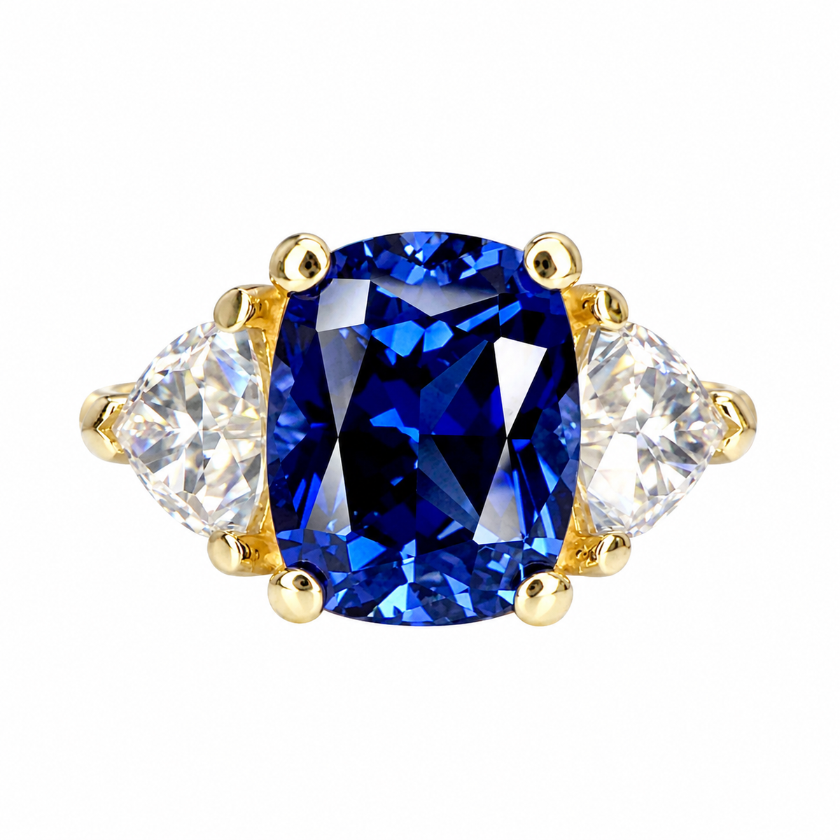3.30. CT Elongated Cushion Cut Blue Sapphire Engagement Ring and Moissanite Trillion Accents, Blue Sapphire and Moissanite Ring  14K White Gold #6800