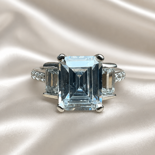 Moissanite Emerald Cut Engagement Ring With Emerald Cut Sides And Round Accents, Three Stone Engagement Ring, 14K White Gold #4660 #6883