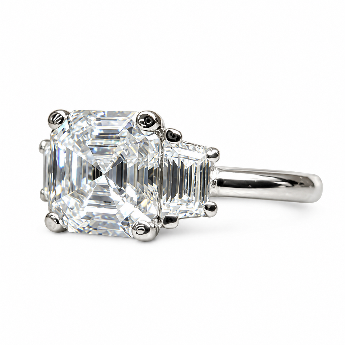 Moissanite Asscher Cut Engagement Ring, Asscher Ring With Trapezoid Accents Moissanite Ring, 14k White Gold Ladies Moissanite Ring  #6705