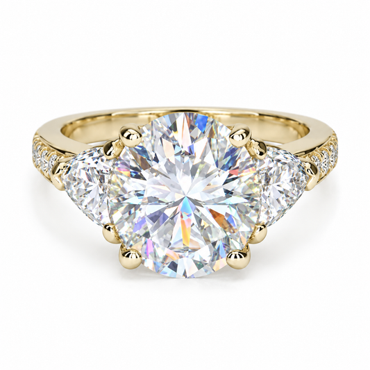 Oval Moissanite Engagement Ring, 14k Yellow Gold Moissanite Cluster Ring, Trillion Cut Accent Stones And Round Moissanite Ring For Her 7074