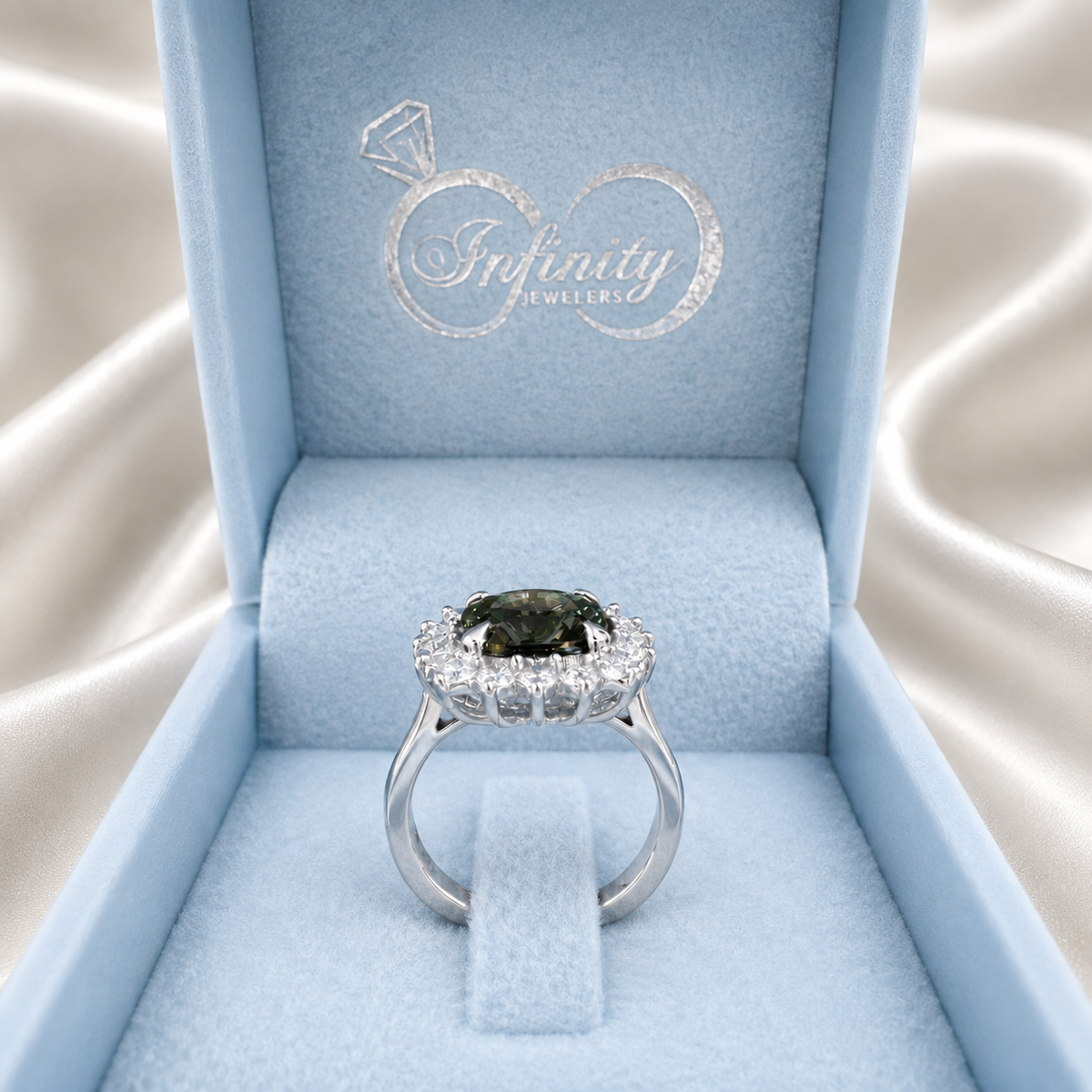 3.95 CTW Cushion Cut Olive green Sapphire Engagement Ring With Lab Grown Diamond Halo 14K Solid Gold with a Euro Shank #8852