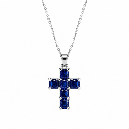 Cross Necklace With Blue Sapphire Stone For Girls, Sapphire Necklace, 14K White Gold, Gold Cross Necklace For Women, Cross Pendant
