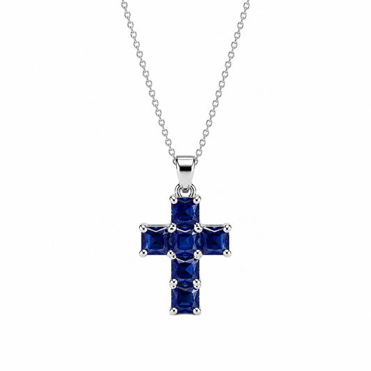 Cross Necklace With Blue Sapphire Stone For Girls, Sapphire Necklace, 14K White Gold, Gold Cross Necklace For Women, Cross Pendant