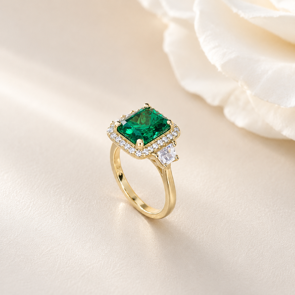 Emerald Engagement Ring, Radiant Cut Wedding Ring, Moissanite Halo Engagement Ring, Mother Ring, May Birth Stone Ring, 14k Gold, #7059