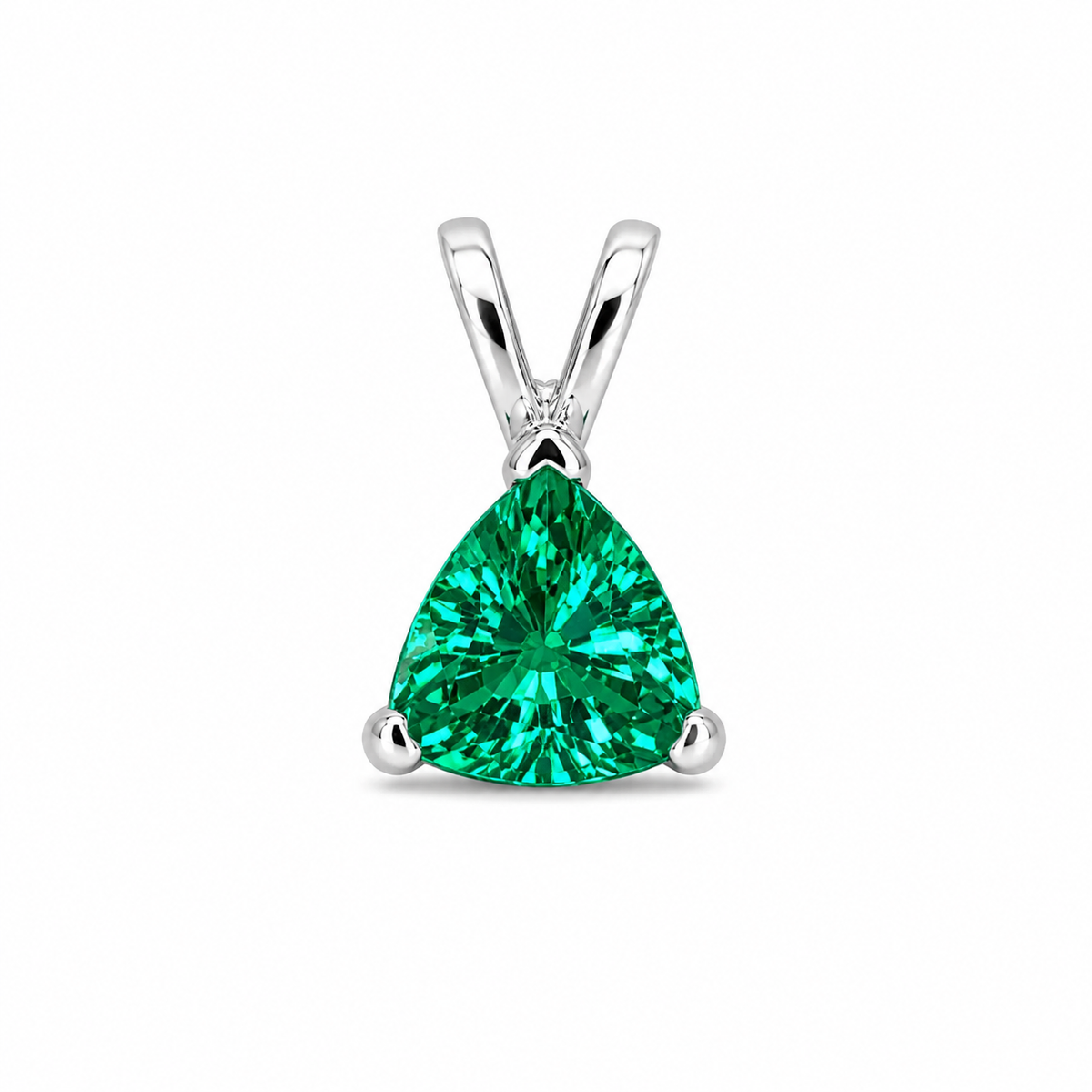 Emerald Trillion Shape Pendant Necklace For Ladies, 14k White Gold Dainty Layering Necklace, Triangle Shape May Birthstone Pendant.    #6074
