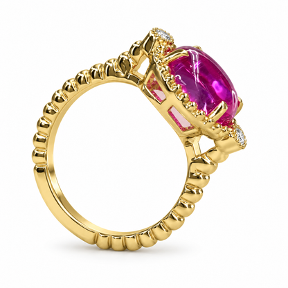 Oval Pink Engagement Ring 14K Yellow Gold Pink Sapphire Three Stone Ring For Women, Unique Cabochon Pink Sapphire Engagement Rings, #7217