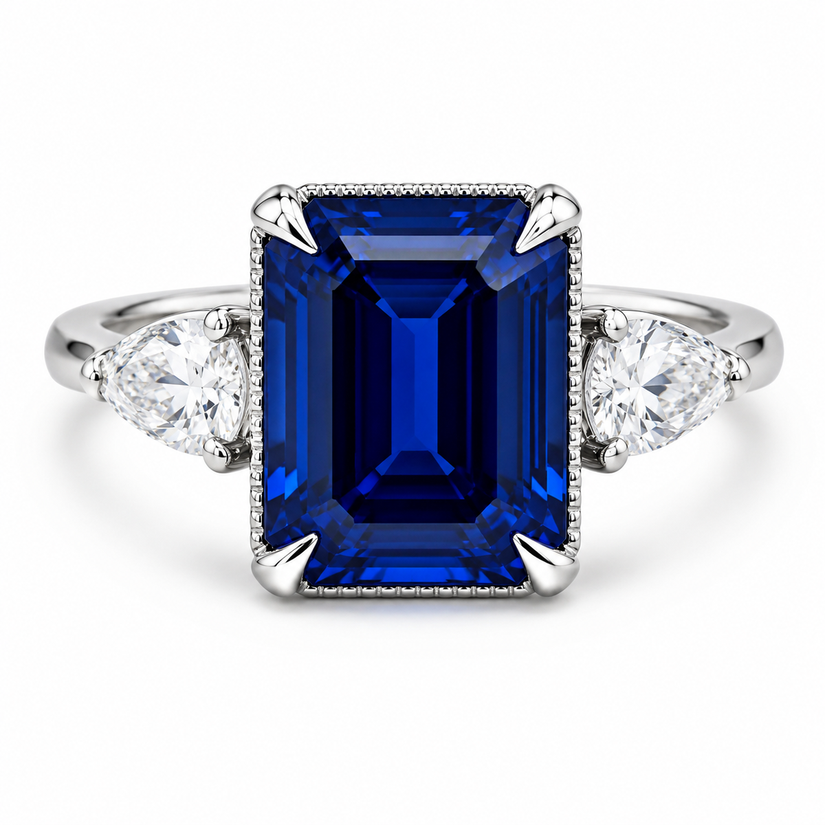 Emerald Cut Blue Sapphire Engagement Ring, Pear Lab Grown Diamonds, 14K Gold #8857