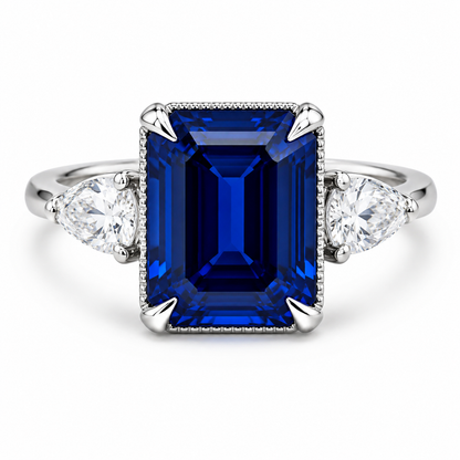 Emerald Cut Blue Sapphire Engagement Ring, Pear Lab Grown Diamonds, 14K Gold #8857