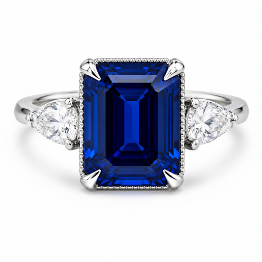 Emerald Cut Blue Sapphire Engagement Ring, Pear Lab Grown Diamonds, 14K Gold #8857