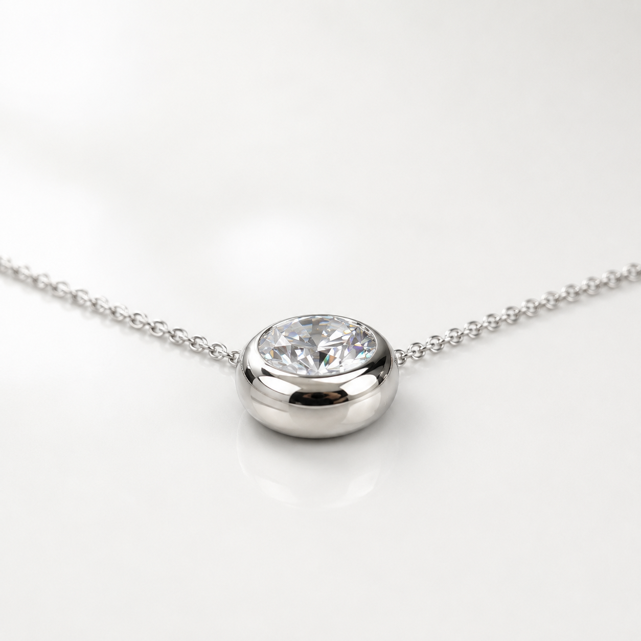 Moissanite Bezel Set Necklace, Moissanite Ladies Necklace,  Round Moissanite Pendant,  Round Bezel Pendant, 14K White Gold #6747 #6748