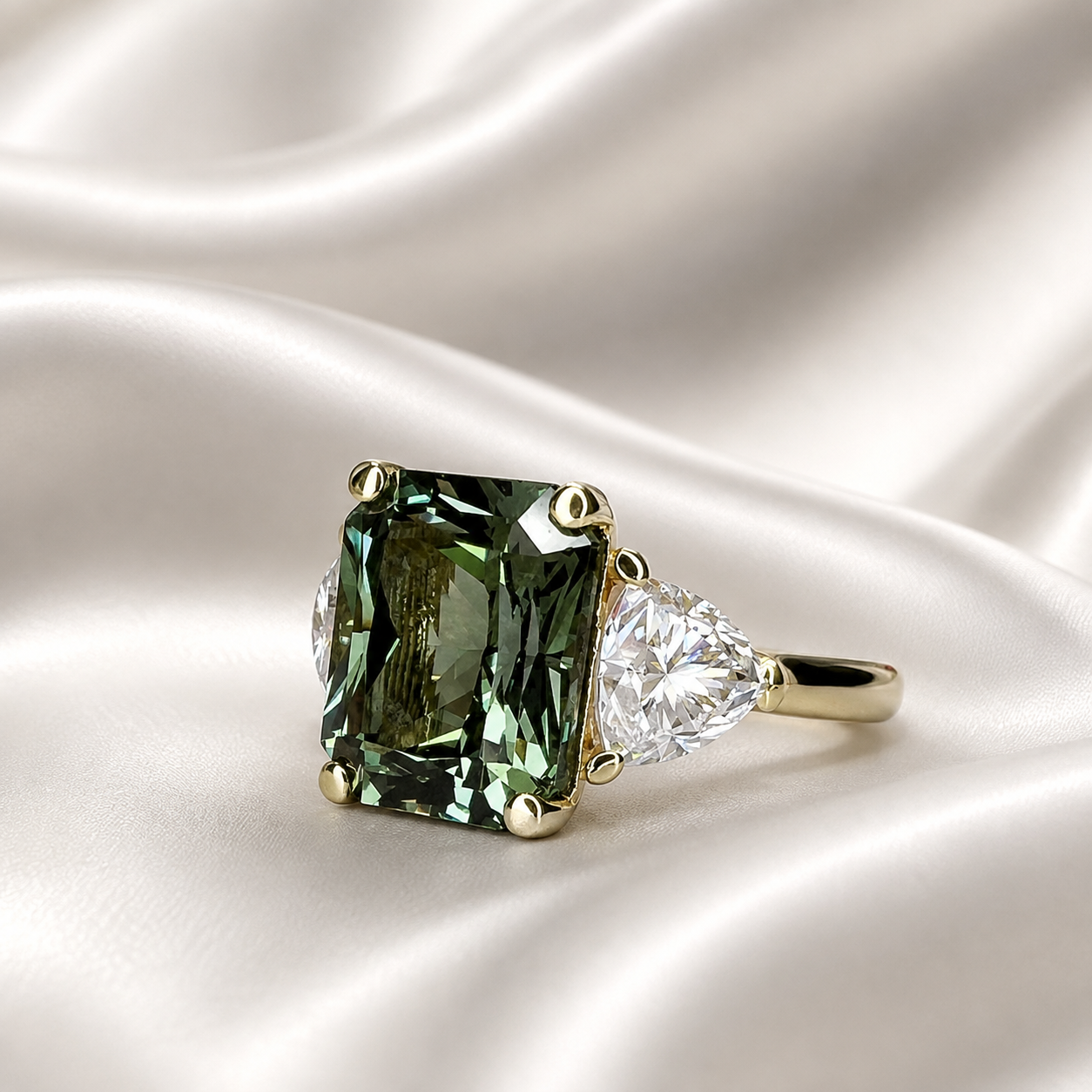 Olive Green Sapphire Ring - Radiant Cut Three Stone Engagement Ring 14k Solid Gold