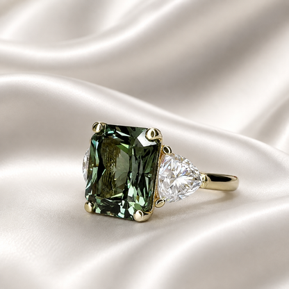 Olive Green Sapphire Ring - Radiant Cut Three Stone Engagement Ring 14k Solid Gold