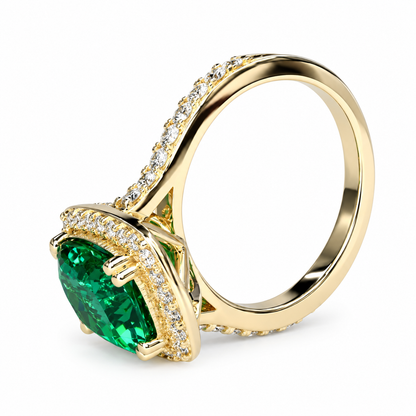 Elongated Cushion Cut Emerald Ring, Diamond Halo Engagement Ring, Green Emerald Engagement Ring, 3.90ctw, 14k Yellow Gold  #6057