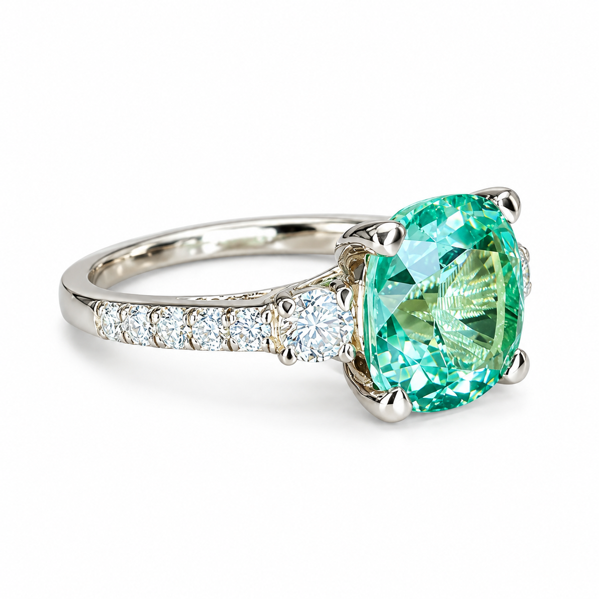 Cushion Cut Green Paraiba With Moissanite Engagement Ring 14K Yellow Gold, Cushion Shaped Vintage Style Green Paraiba Engagement Ring, #7488