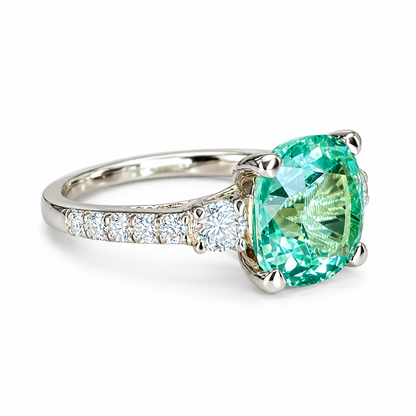 Cushion Cut Green Paraiba With Moissanite Engagement Ring 14K Yellow Gold, Cushion Shaped Vintage Style Green Paraiba Engagement Ring, #7488