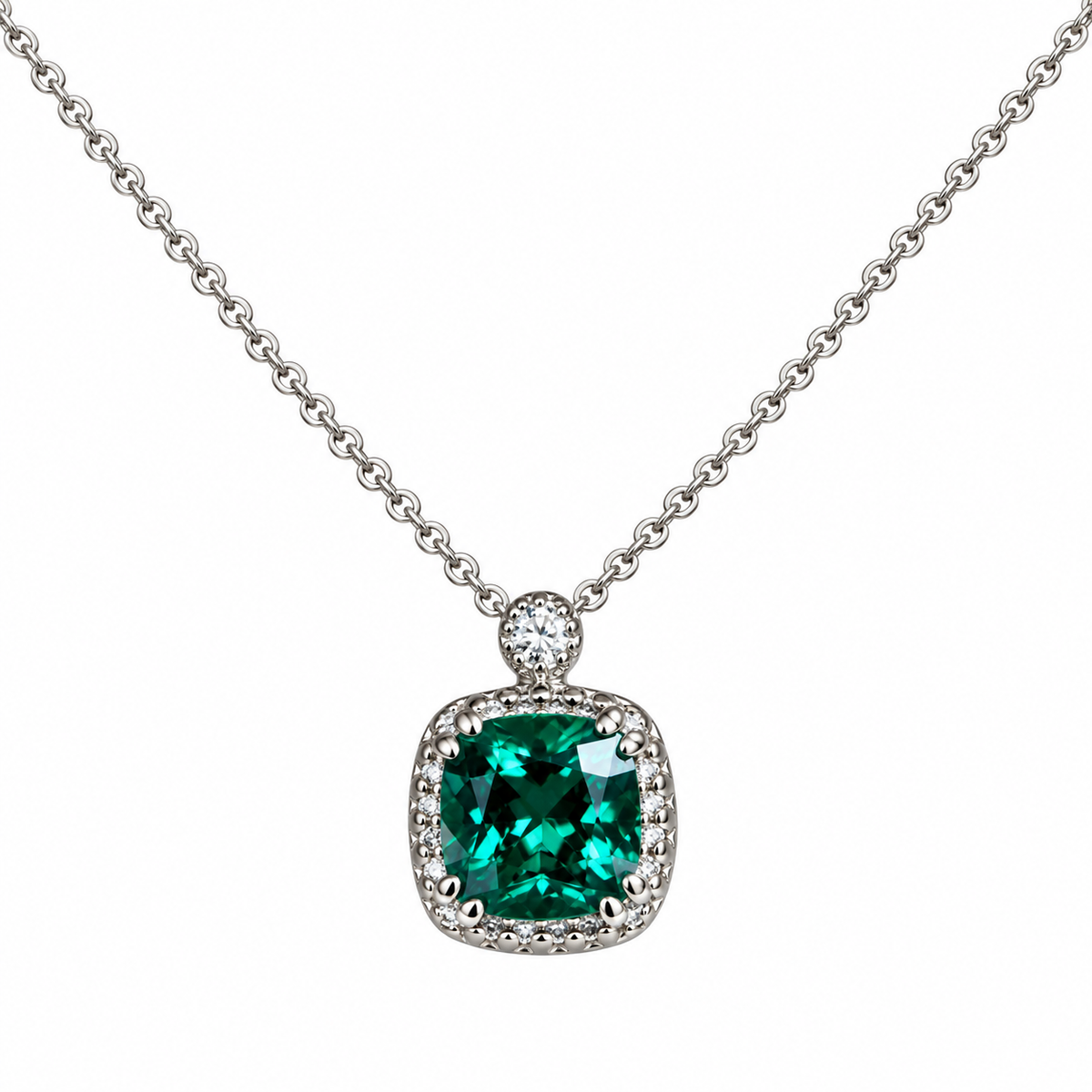 Cushion Cut Necklace / Green Emerald Necklace / Emerald And Diamond Necklace / 18"Cable Chain / 14k White gold / #6299
