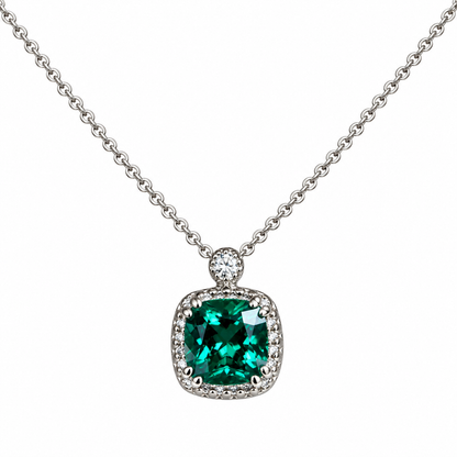 Cushion Cut Necklace / Green Emerald Necklace / Emerald And Diamond Necklace / 18"Cable Chain / 14k White gold / #6299