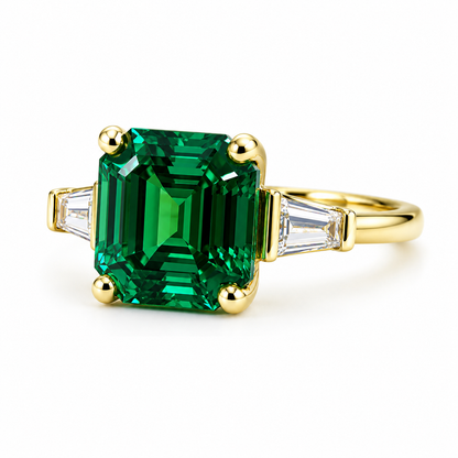 Emerald Engagement Rings Women, Solid White Gold Vintage Three Stone Asscher Cut Emerald Wedding Ring, Unique Gemstone Engagement Ring #6857