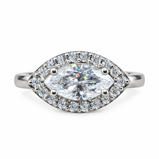 Marquis Moissanite Sideways Ring Halo White Gold Unique Evil Eye Moissanite Ring Sideways Marquis Anniversary Wedding Promise Ring  #7437