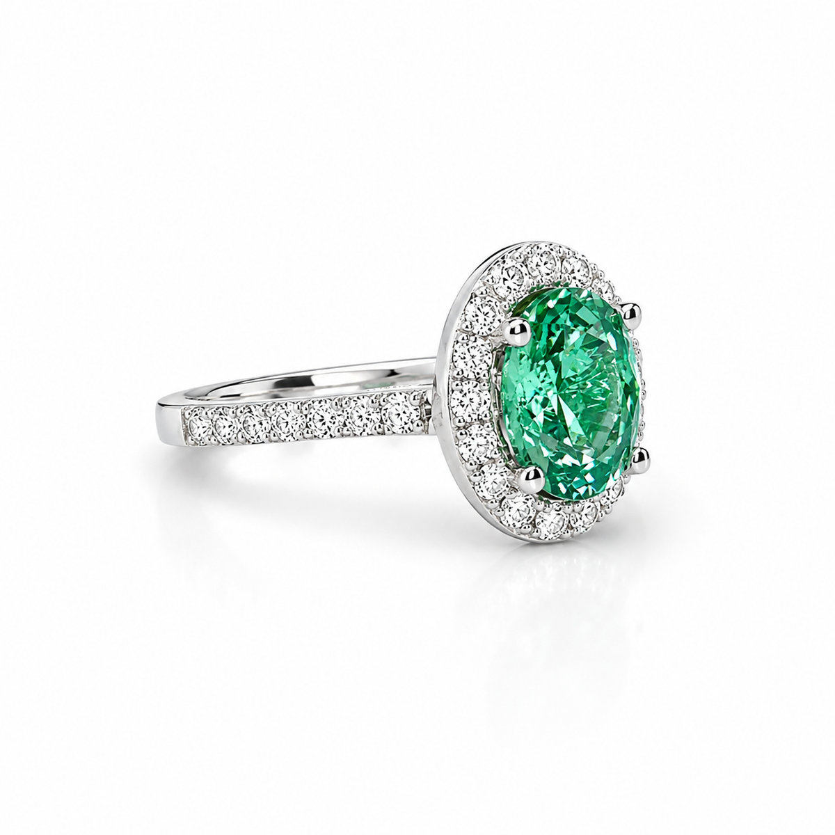 Oval green paraiba tourmaline engagement ring 14k gold, Moissanite oval halo engagement ring, Unique wedding anniversary promise ring, #8021