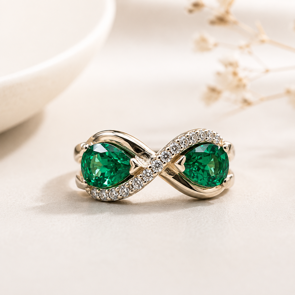 Pear Shaped Emerald Toi Et Moi Engagement Ring Yellow Gold Unique Infinity Design Pear Shape Emerald Wedding Anniversary Promise Ring #7375