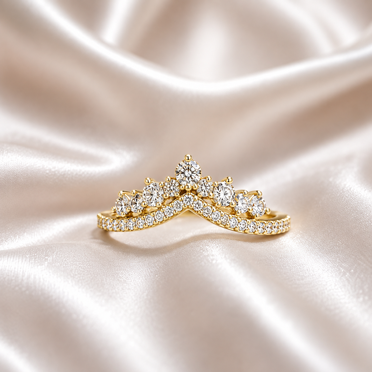 Chevron Lab Diamond Ring 14K Solid Gold , Matching Wedding Band , Unique Lab Grown Diamond Crown Stacking Ring , Ladies Pinky Ring #8838