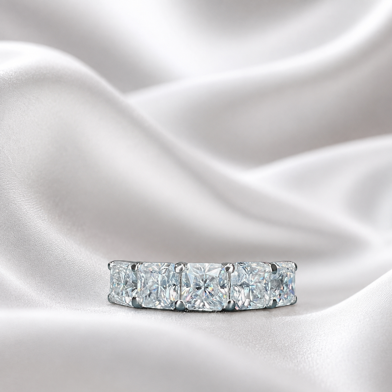 Lab grown diamond wedding band, Lab created diamond half eternity band 14k solid gold, 5 stone radiant diamond ring, cvd diamond ring