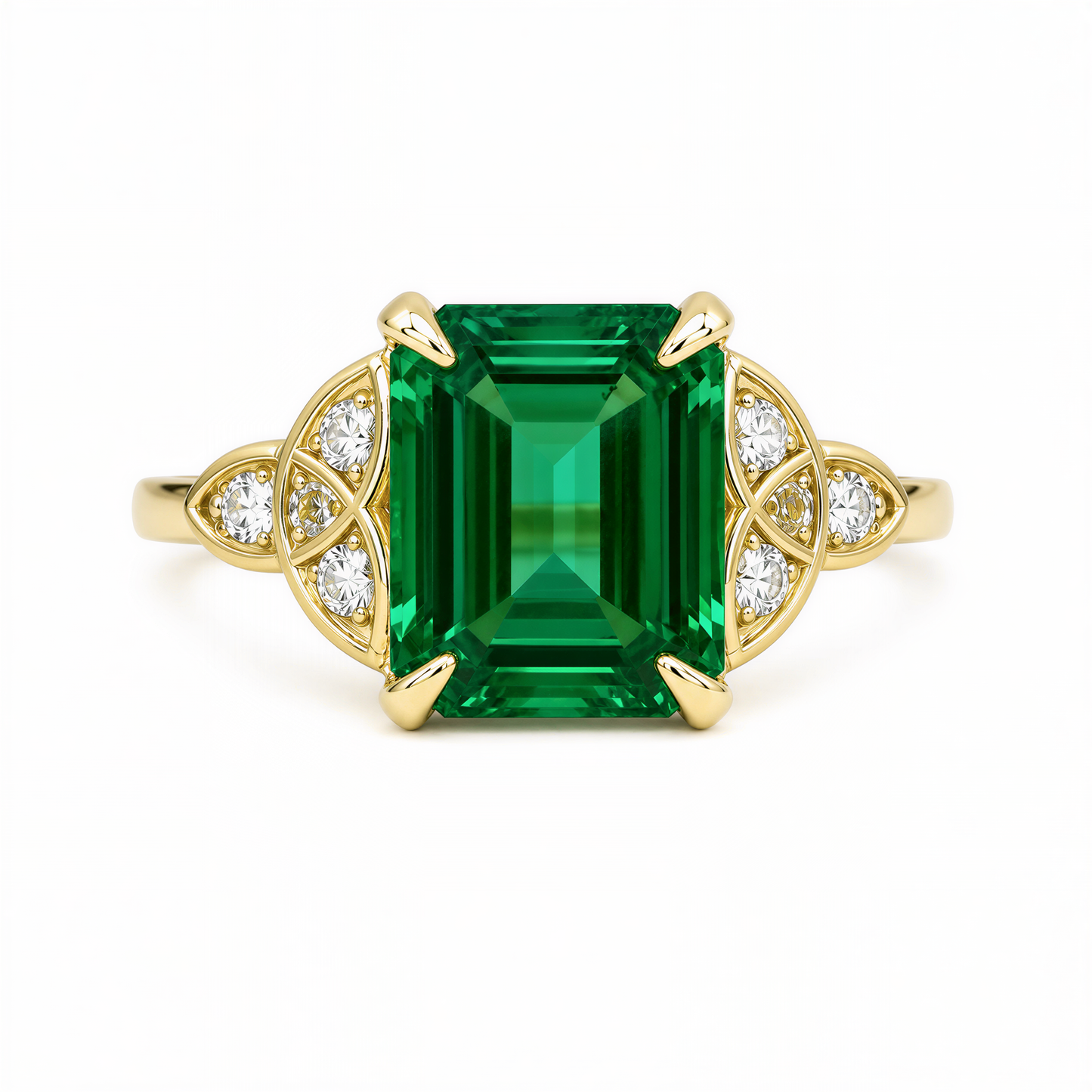 A gold ring with a large, square-cut green gemstone at the center, surrounded by smaller diamonds.