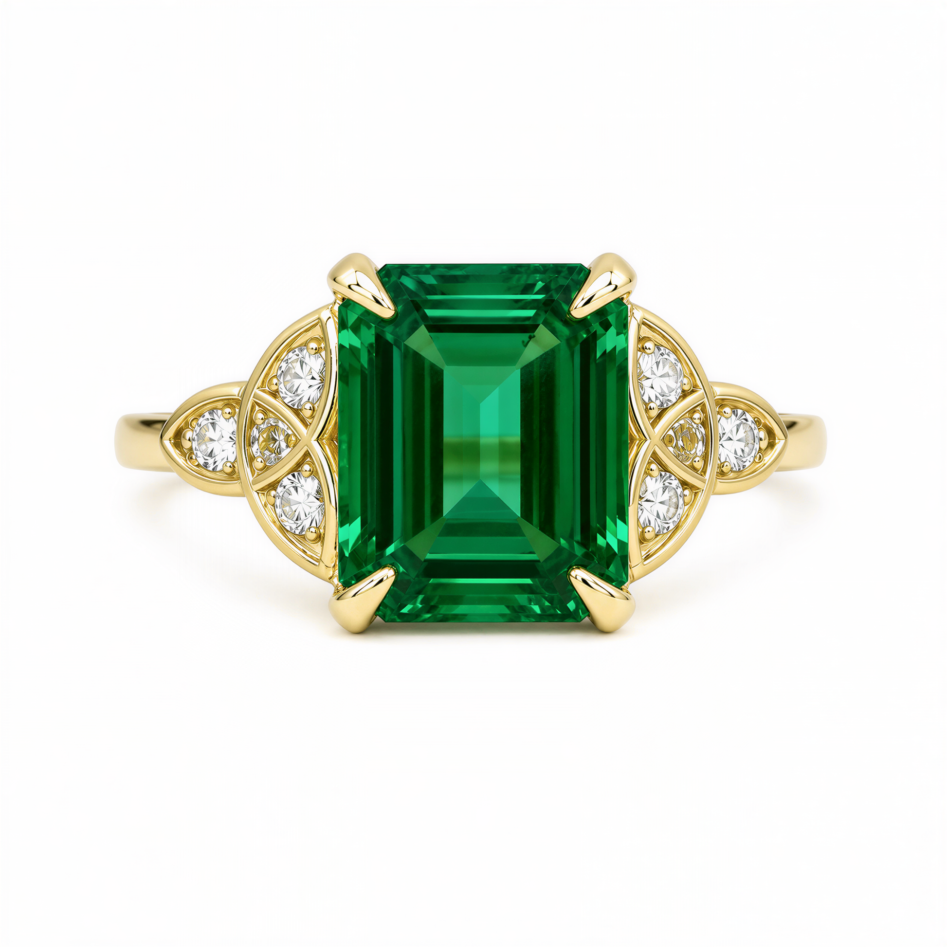 A gold ring with a large, square-cut green gemstone at the center, surrounded by smaller diamonds.