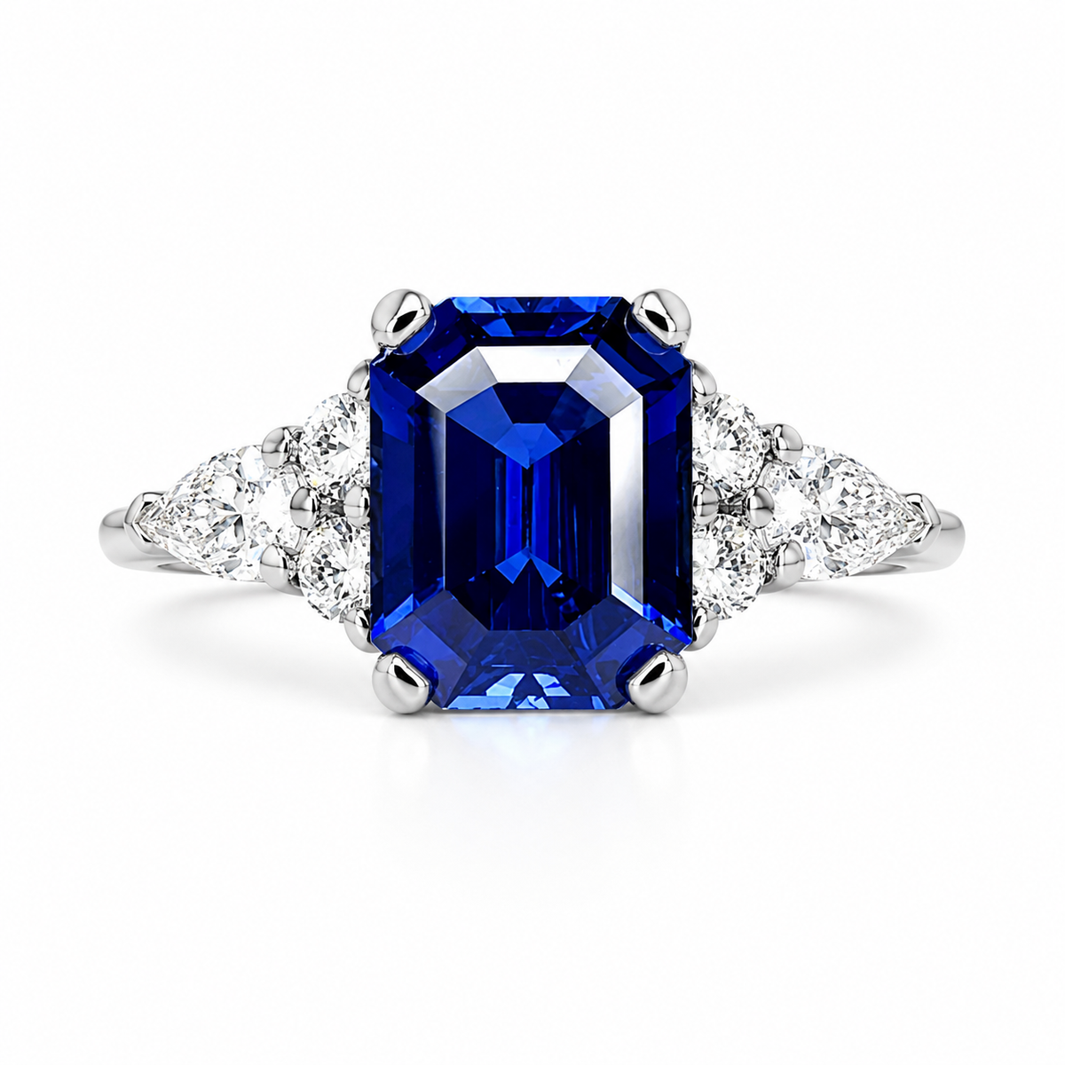 Blue Sapphire Engagement Ring White Gold, Unique Vintage Blue Sapphire Cluster Ring,  Sapphire and Moissanite Cluster Ring For Women