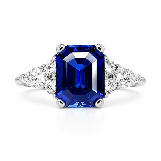 Blue Sapphire Engagement Ring White Gold, Unique Vintage Blue Sapphire Cluster Ring,  Sapphire and Moissanite Cluster Ring For Women