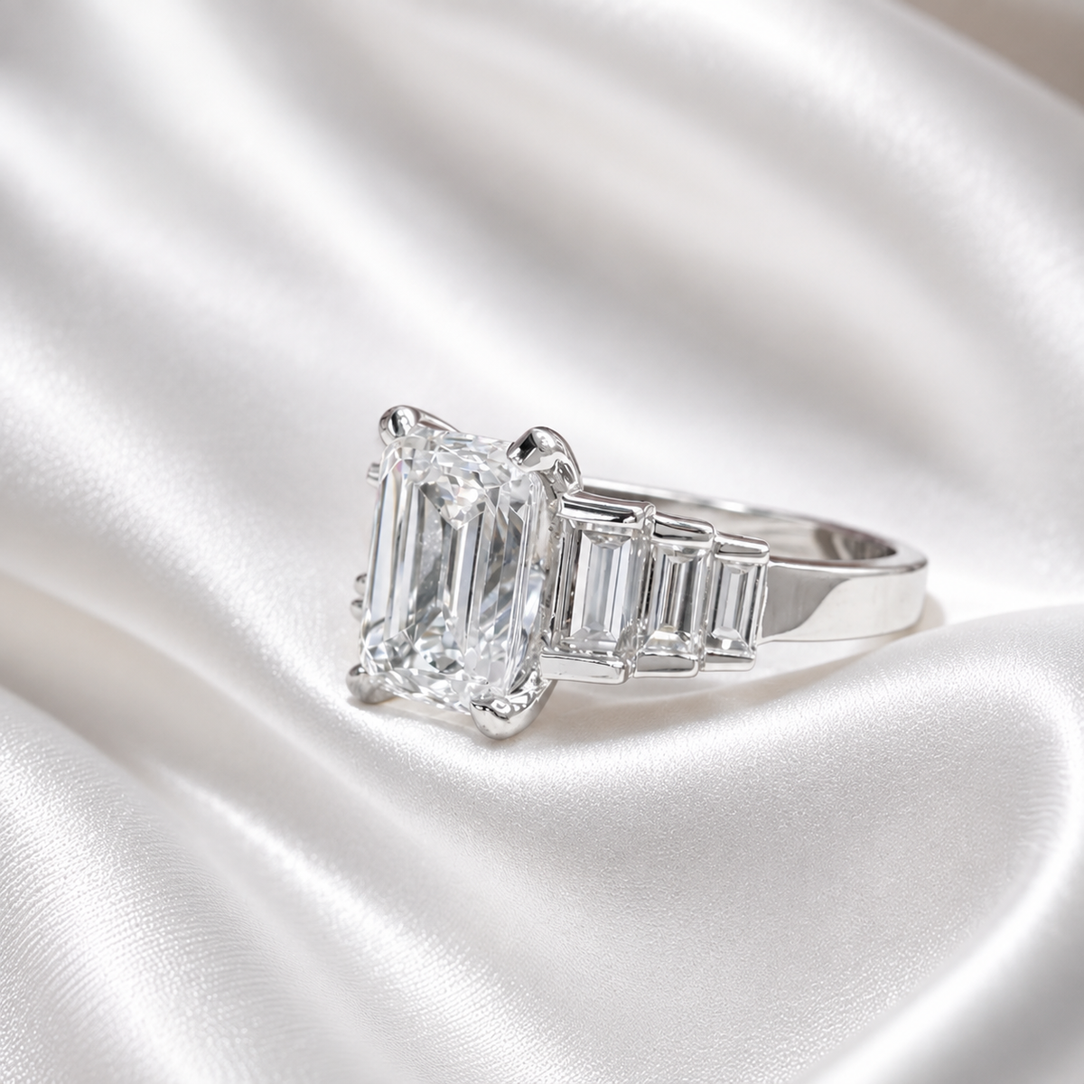 3.30 CTW 7 Stone Lab Diamond Emerald Cut Engagement Ring , Emerald Cut & Graduated Baguette Diamond Ring #8812