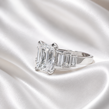 3.30 CTW 7 Stone Lab Diamond Emerald Cut Engagement Ring , Emerald Cut & Graduated Baguette Diamond Ring #8812